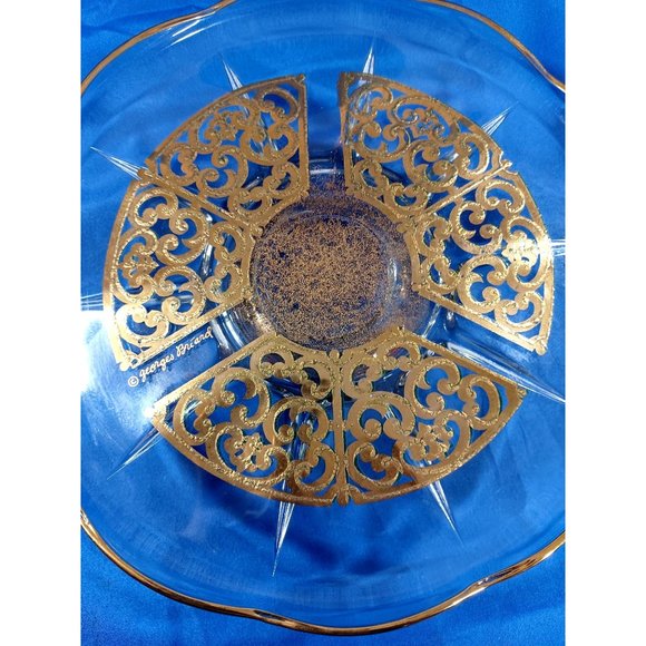 Georges Briard Signed Gold Scroll Encrusted Glass Pedestal Cake Plate Stand - Picture 4 of 7